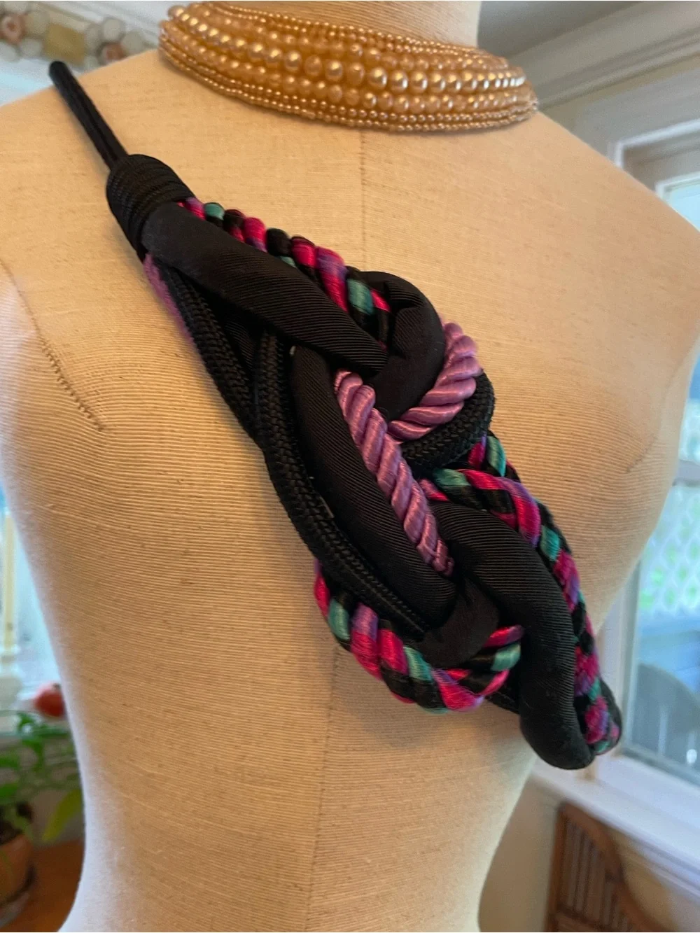 Vintage Black Belt with Pink, Purple & Teal Braided Cord Accents